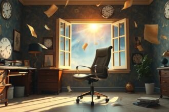 Irodai környezet, ahol irodaszék áll, napfény és papirok szállnak a levegőben.