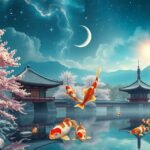 Japán táj, sakura fák és koi halak álomfejtéshez.