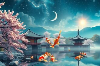 Japán táj, sakura fák és koi halak álomfejtéshez.