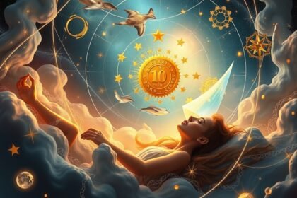 Álmodozó nő a csillagok és jelvények között, álomfejtés szimbólumai.