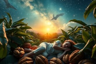 Álmodó nő kakaóbabok között a trópusi tájban, csillagos ég alatt.