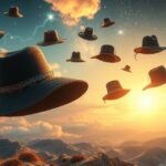 Hats floating in a dreamlike sunrise landscape.