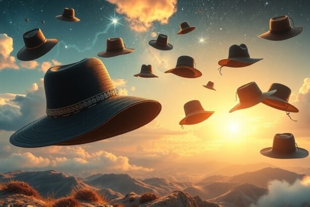Hats floating in a dreamlike sunrise landscape.