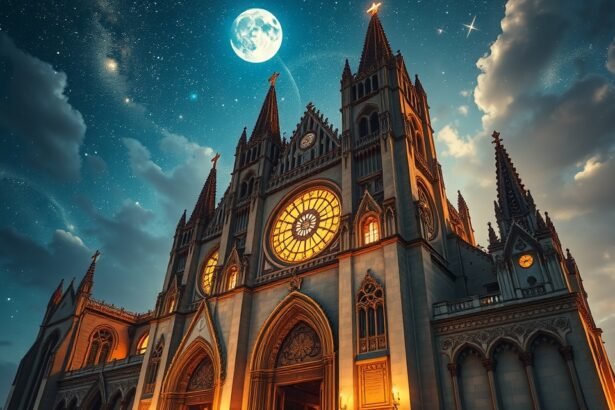 Katedrális éjszakai fényben, csillagos ég alatt