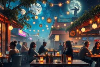 Kávéházi jelenet, álombeli szimbólumokkal és társas kapcsolatokkal.