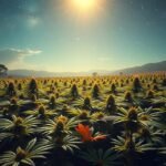 Kender mező napfénnyel és csillagokkal az égen