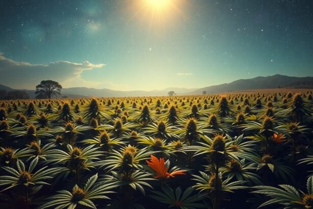 Kender mező napfénnyel és csillagokkal az égen