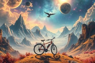 Kerékpár és hegyvidék a csillagok alatt, álmok és utazások szimbólumaként.