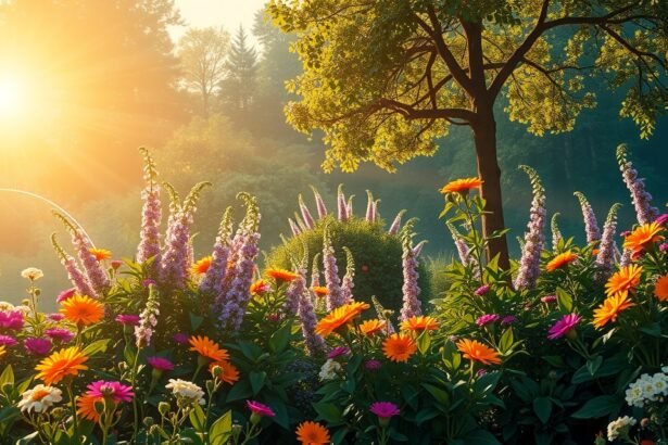 Színes virágok egy napsütötte kertben, élet és növekedés szimbólumai.