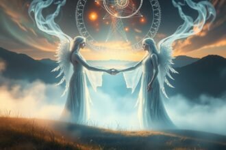 Két angyal kézfogása álomban, szimbolizálva a bizalmat és az új kezdeteket.