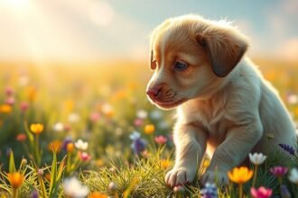 Kiskutya virágmezőn játszik, árnyékos háttérben.