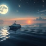 Kép egy komp hajóról, amely a holdfényben hajózik a vízen.