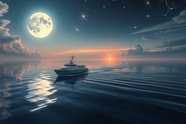 Kép egy komp hajóról, amely a holdfényben hajózik a vízen.