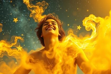 Sárga színnel álmodó fiatal fiú, öröm és energia kifejezve.