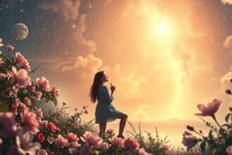 Nő egy virágos mezőn, álmodozva az ég alatt.