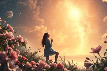 Nő egy virágos mezőn, álmodozva az ég alatt.