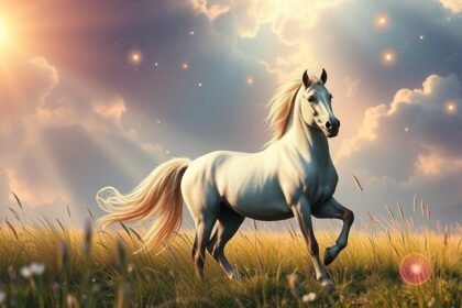 Fehér ló egy gyönyörű mezőn naplementében