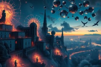 Álombeli városlátvány a lövöldözéssel kapcsolatos szimbólumokkal.