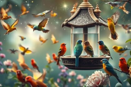 Színes madarak madáretetőnél virágokkal és varázslatos háttérrel.