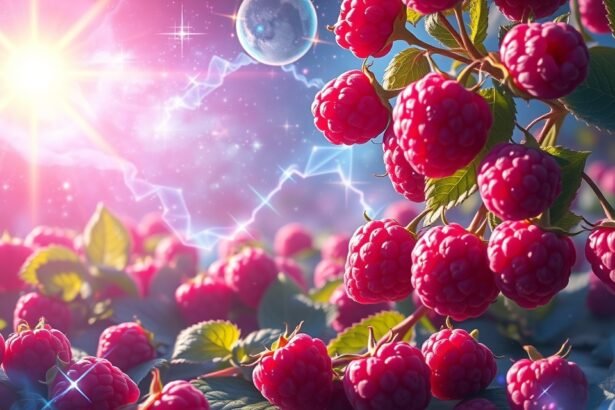 Málna cserjék a napfényben, színes és álomszerű környezetben.