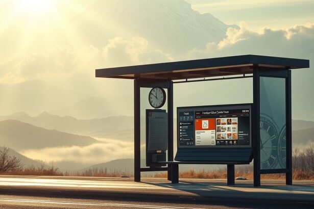 Egy megálló naplementében, hegyekkel a háttérben.