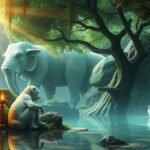 Egy békés táj elefánttal, kutyával és vízeséssel – álomfejtés szimbólumokkal.