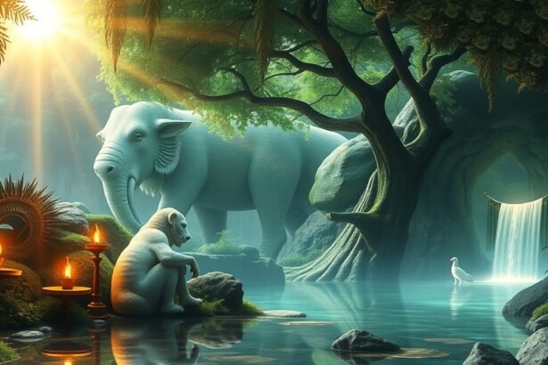 Egy békés táj elefánttal, kutyával és vízeséssel – álomfejtés szimbólumokkal.