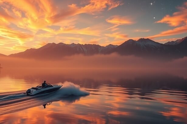 Motorcsónak a naplementében, vízen, hegyekkel a háttérben