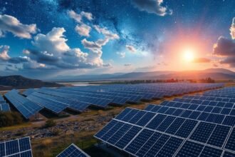 Napelemek egy gyönyörű napsütötte mezőn, a természet és a megújulás szimbóluma.