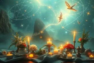 Békés oltár gyertyákkal, virágokkal és csillagos háttérrel