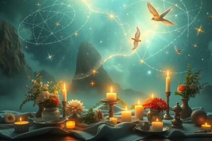 Békés oltár gyertyákkal, virágokkal és csillagos háttérrel