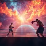 Két ökölvívó harcol a ringben, háttérben csillagos égbolt.