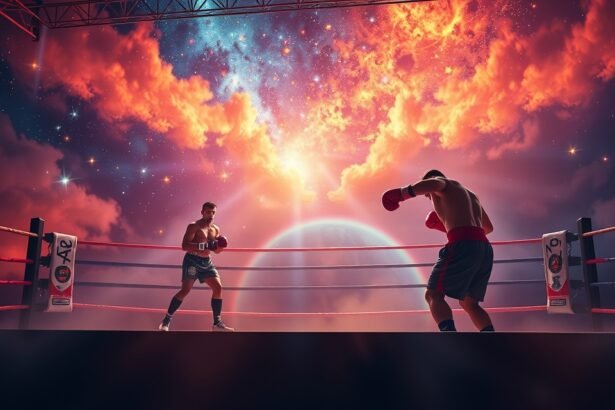Két ökölvívó harcol a ringben, háttérben csillagos égbolt.