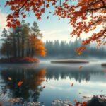 Őszi táj aranyló lombokkal és nyugodt vízfelülettel