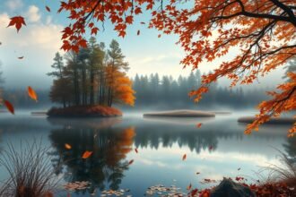 Őszi táj aranyló lombokkal és nyugodt vízfelülettel
