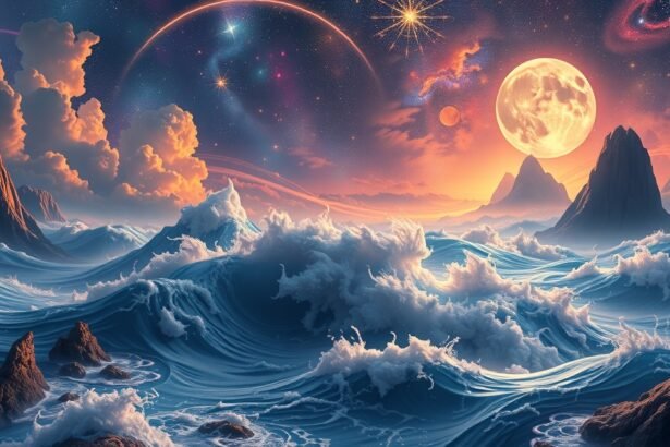 Mesés özönvíz álom táj csillagokkal és holdfénnyel.