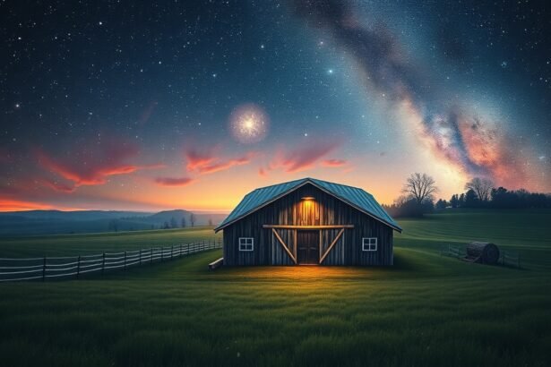 Csillagos égbolt alatt álló pajta a mezőn
