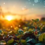 Friss palánta napfelkeltében, az új kezdet szimbóluma.