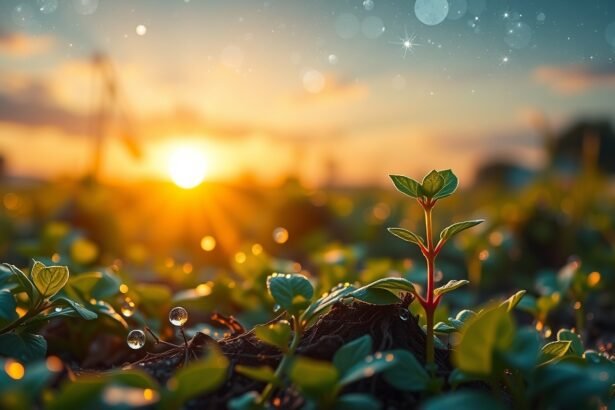 Friss palánta napfelkeltében, az új kezdet szimbóluma.