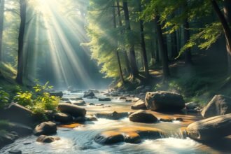 Patak és erdő napfényben, áramlás jelképe az álomfejtésben.