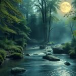 Tiszta patak a folyóparton, erdőben, holdfénynél