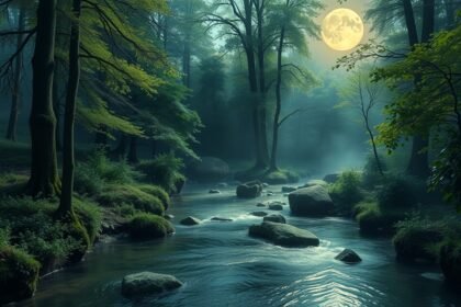 Tiszta patak a folyóparton, erdőben, holdfénynél
