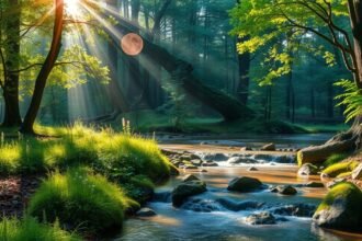 Tiszta patak napfényben az erdő mélyén, békés és szimbolikus táj.