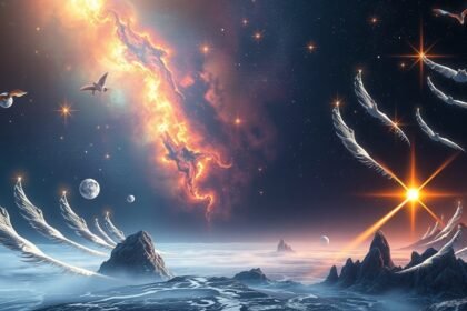 Álomszerű táj, harci szárnyakkal és galaktikus háttérrel.