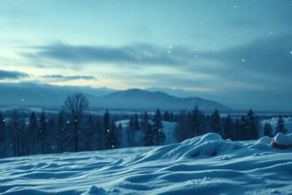 Téli táj havazással, pehely szimbolikát idézve.