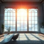 Elegáns szoba nagy ablakkal és hegyekkel a háttérben.