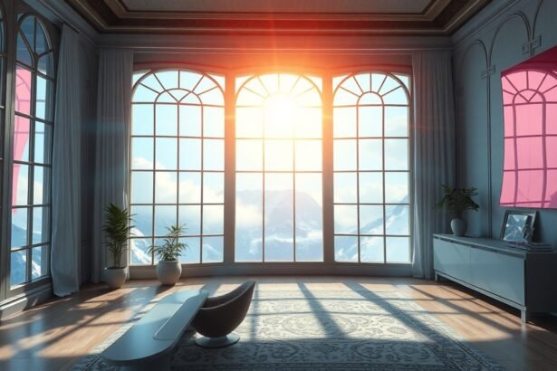 Elegáns szoba nagy ablakkal és hegyekkel a háttérben.