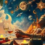 Nő álmodozik, körülötte alkohol és szimbolikus elemek.