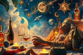Nő álmodozik, körülötte alkohol és szimbolikus elemek.