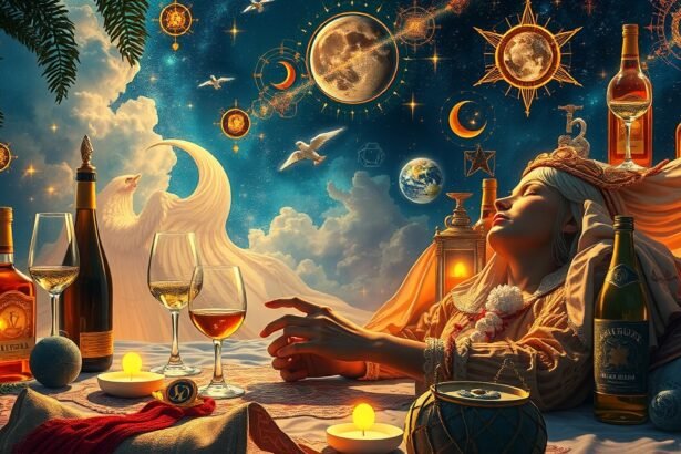 Nő álmodozik, körülötte alkohol és szimbolikus elemek.